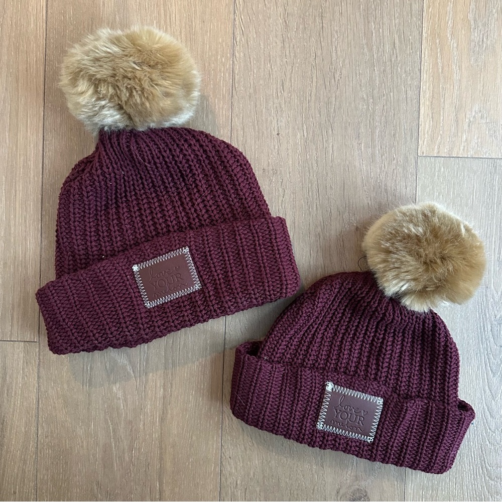 Love Your Melon Maroon Knit Beanie Set with Tan Pom-Poms